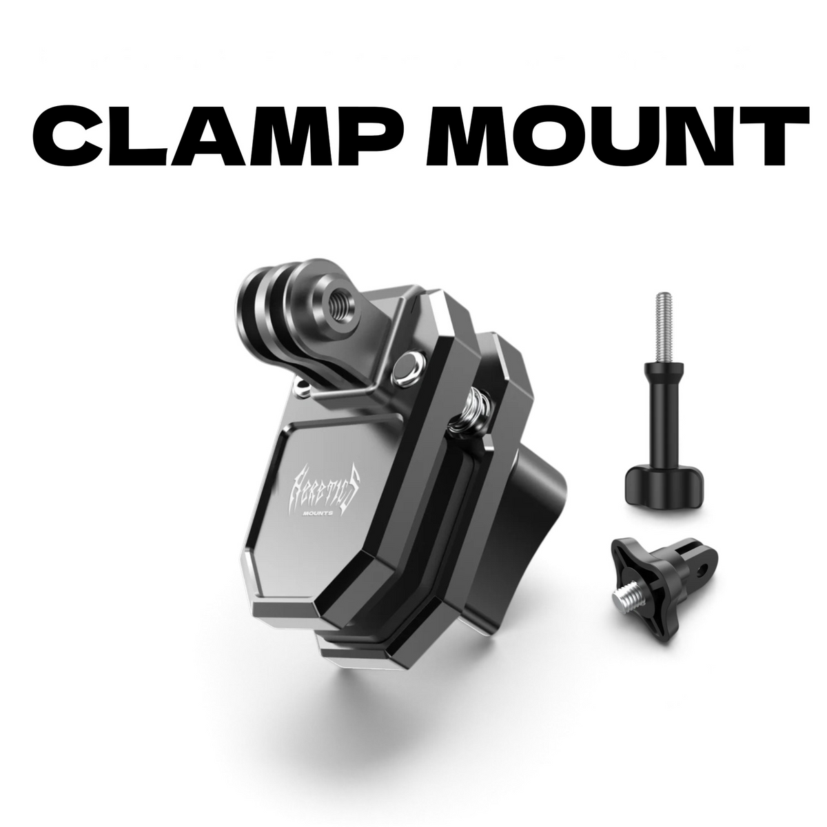 Heretics clamp mount gripping a motorcycle windscreen with an action camera attached